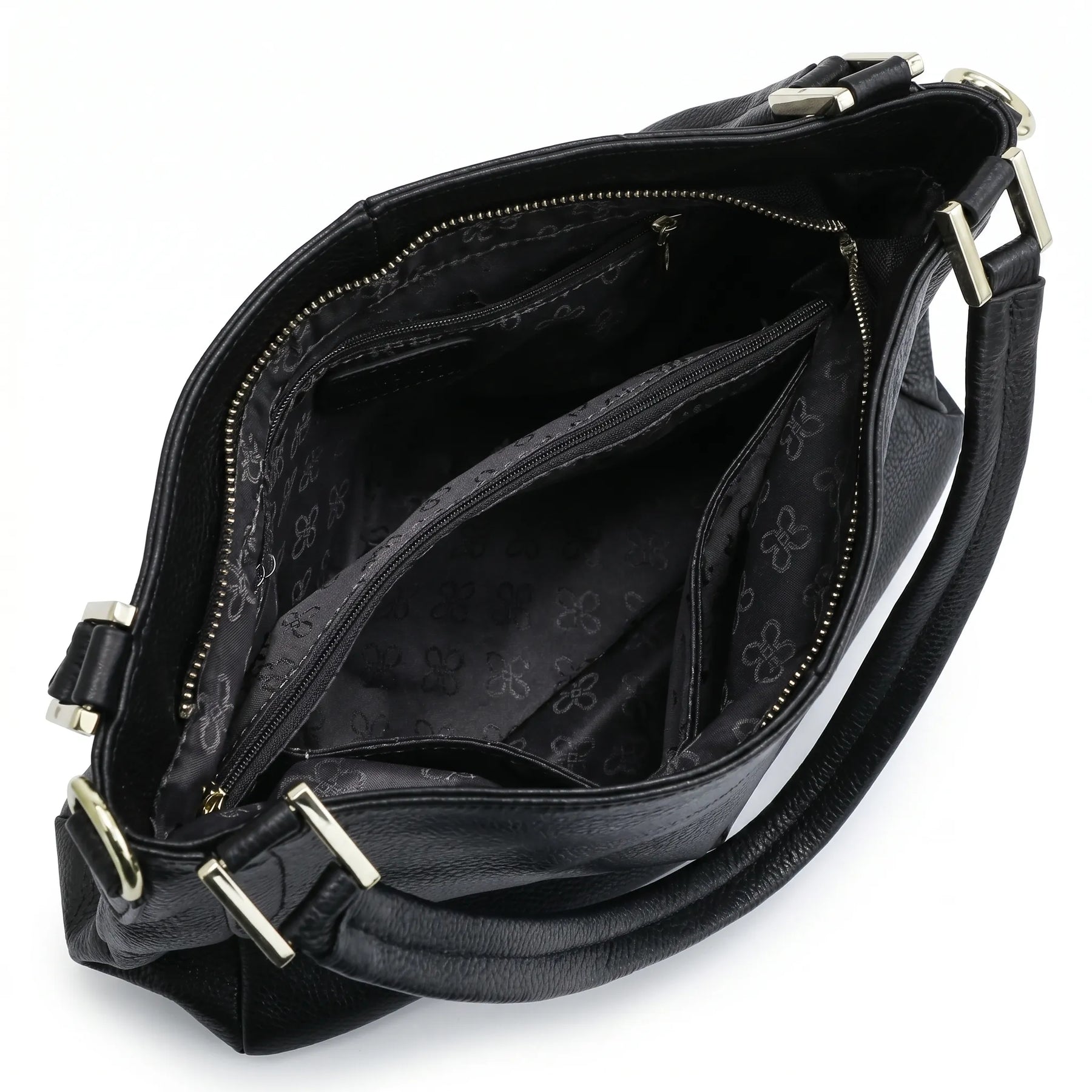 Bolsa hobo couro genuíno preta retrô aberta por cima, com forro, espaço interno e fechamento visíveis, sobre fundo claro