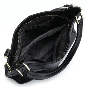 Bolsa hobo couro genuíno preta retrô aberta por cima, com forro, espaço interno e fechamento visíveis, sobre fundo claro