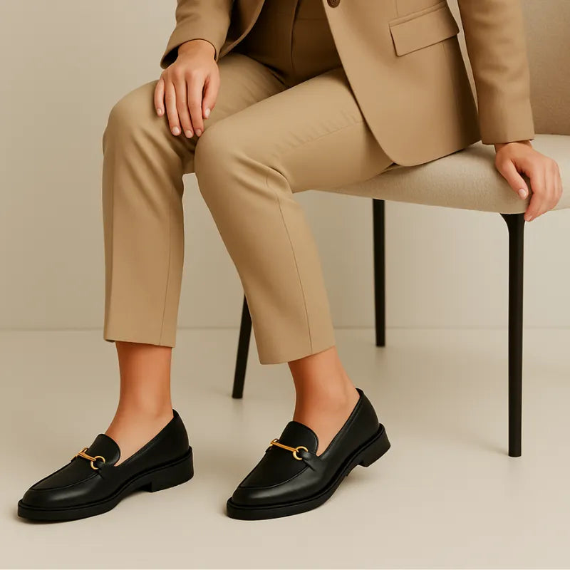 Loafer preto feminino com fivela sendo usado por uma mulher em pé com pose casual, destacando versatilidade