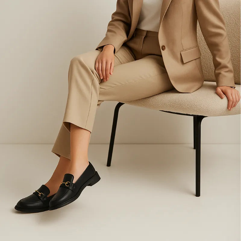 Loafer preto feminino com fivela sendo usado por uma mulher sentada com pose elegante, exibindo estilo.