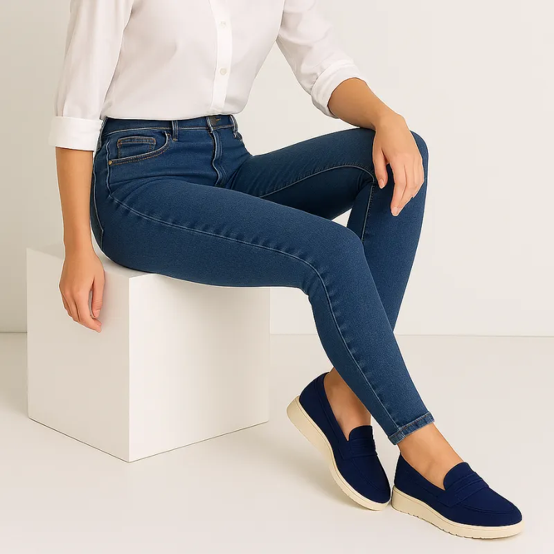 Mocassim azul clássico em couro sendo usado por uma mulher sentada com pose relaxada, mostrando conforto.