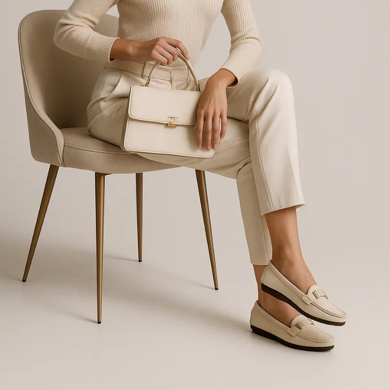 Modelo usando o mocassim branco de couro da Rozze, com as pernas cruzadas. A imagem enfatiza o estilo clássico e a versatilidade do acessório.