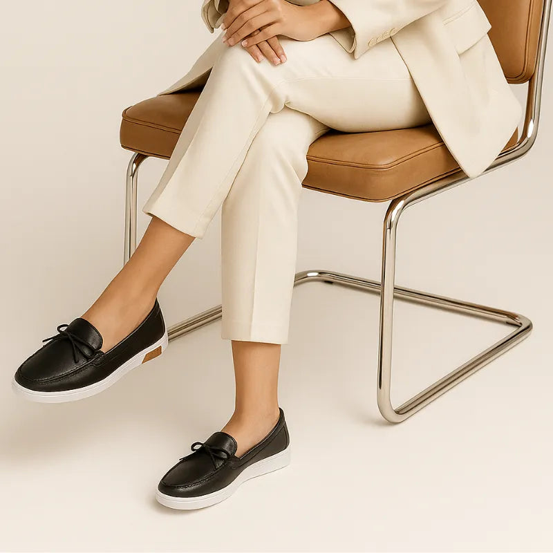 Mocassim preto com laço sendo usado por uma mulher sentada com pose relaxada, mostrando conforto e estilo