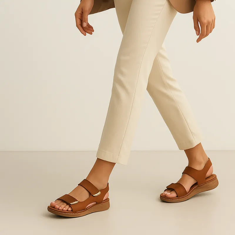 Modelo usando a sandália Laure marrom, em pé. A foto de perfil realça o solado ergonômico, ideal para caminhadas e uso prolongado.