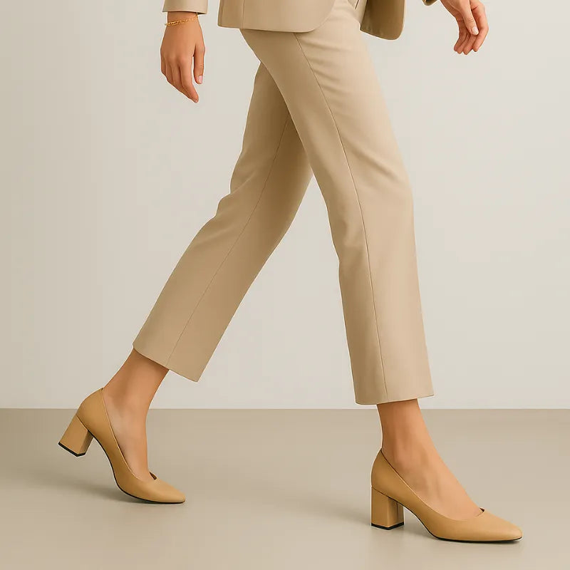 Scarpin salto bloco beige bico fino sendo usado por uma mulher em pose de caminhada, destacando elegância.