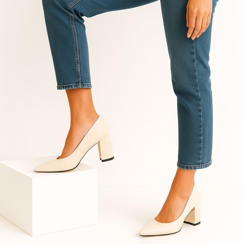 Modelo em pé com o scarpin branco sobre um bloco. A imagem enfatiza o conforto e a estabilidade do salto bloco para uso prolongado.