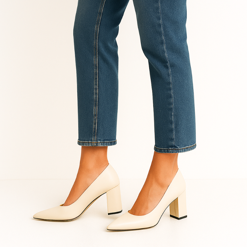 Scarpin Branco Salto Bloco Bico Fino - Rozze