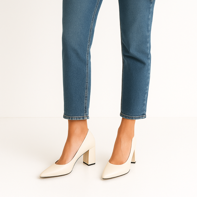 Scarpin Branco Salto Bloco Bico Fino - Rozze