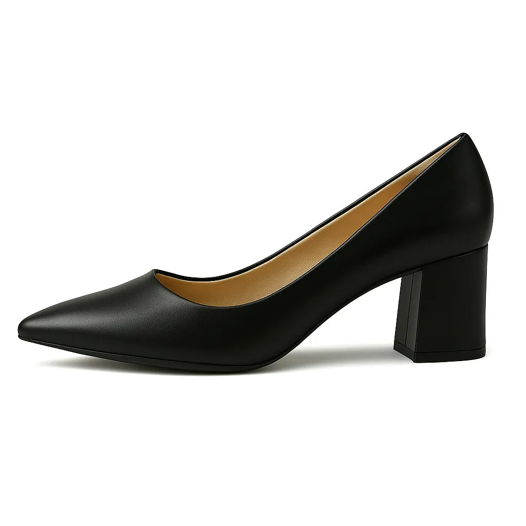 Scarpin feminino preto, vista lateral em estúdio. A foto destaca o bico fino elegante, o salto bloco de 8 cm e a sola de borracha.