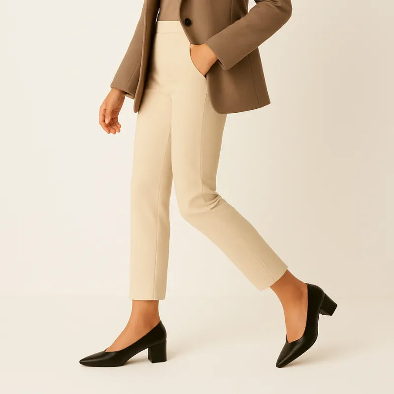 Modelo usando o scarpin preto, sentado em uma cadeira. A foto enfatiza a estabilidade e o conforto do salto bloco para uso prolongado.