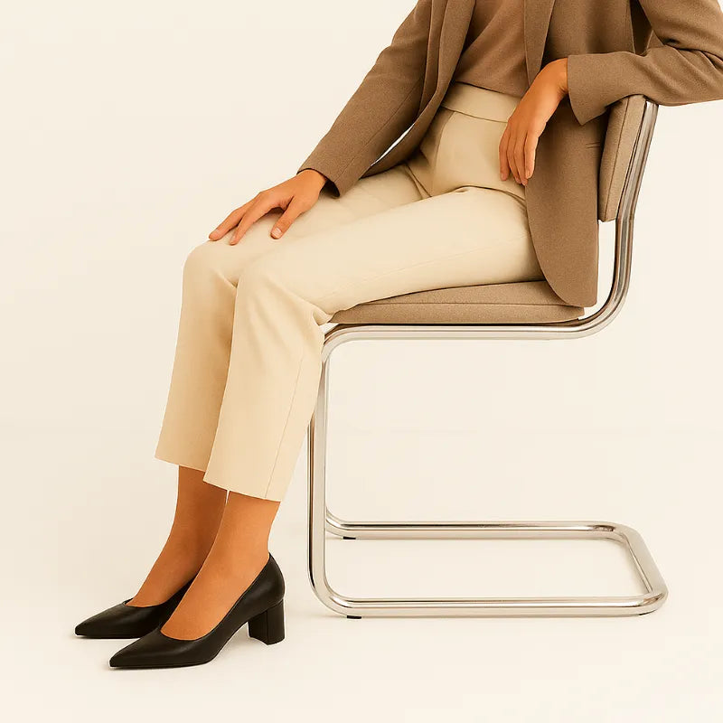 Modelo em pé usando o scarpin preto. A imagem destaca a versatilidade do calçado para o dia a dia de trabalho ou eventos formais.