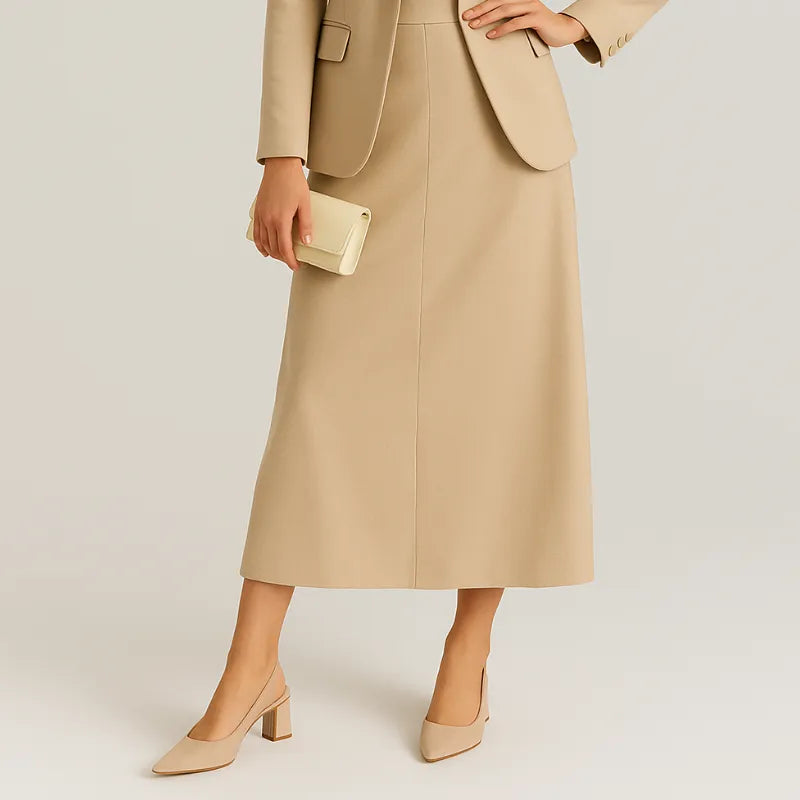 Vista traseira da modelo usando o scarpin slingback em camurça. A imagem mostra o sapato por trás, destacando a alça e a forma do calcanhar.