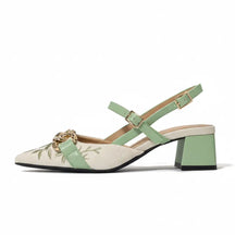 Scarpin Slingback Floral Verde Salto Bloco