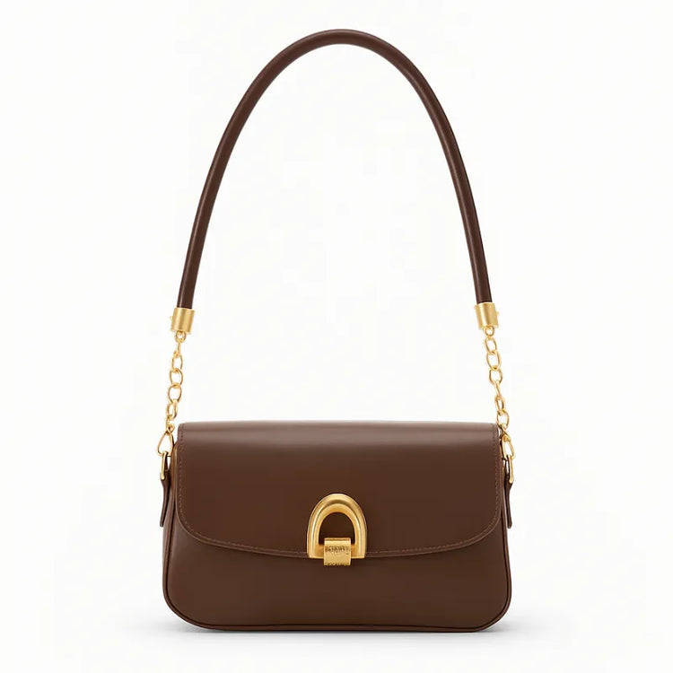 Bolsa baguete marrom fecho metálico dourado em vista frontal, com alça trançada, formato compacto e estrutura visível