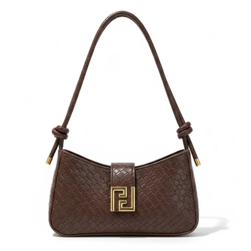 Bolsa baguete marrom tressê Rozze com fecho geométrico vista de frente, acessório feminino elegante.