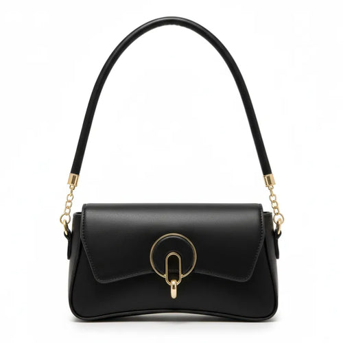 Bolsa baguete preta fecho redondo dourado em vista frontal, com formato, alça e ferragens visíveis, sobre fundo claro