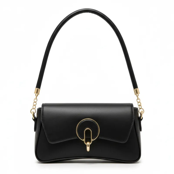 Bolsa baguete preta fecho redondo dourado em vista frontal, com formato, alça e ferragens visíveis, sobre fundo claro