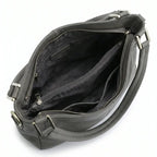 Bolsa hobo couro genuíno cinza retrô vista por trás, com estrutura, costuras e acabamento posterior, sobre fundo claro