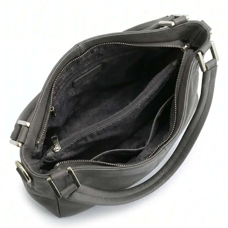 Bolsa hobo couro genuíno cinza retrô vista por trás, com estrutura, costuras e acabamento posterior, sobre fundo claro