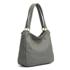 Bolsa hobo couro genuíno cinza retrô em vista lateral, com profundidade, alça e acabamento visíveis, sobre fundo claro