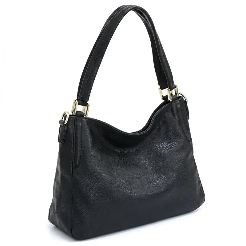 Bolsa hobo couro genuíno preta retrô em vista lateral, com profundidade, alça e acabamento visíveis, sobre fundo claro