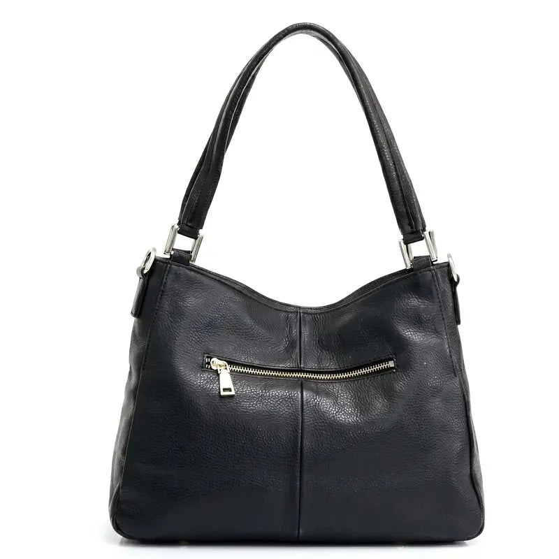 Bolsa hobo couro genuíno preta retrô vista por trás, com estrutura, costuras e acabamento posterior, sobre fundo claro