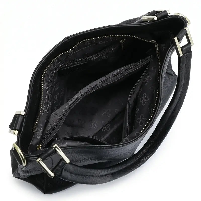 Bolsa hobo couro genuíno preta retrô aberta por cima, com forro, espaço interno e fechamento visíveis, sobre fundo claro