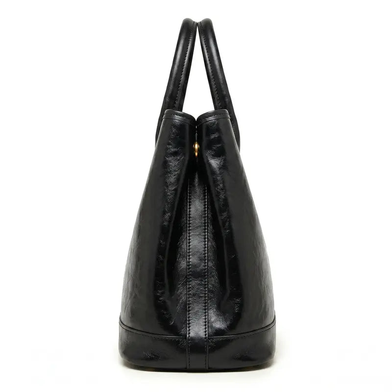 Bolsa shopper feminina preta em couro legítimo vista lateral