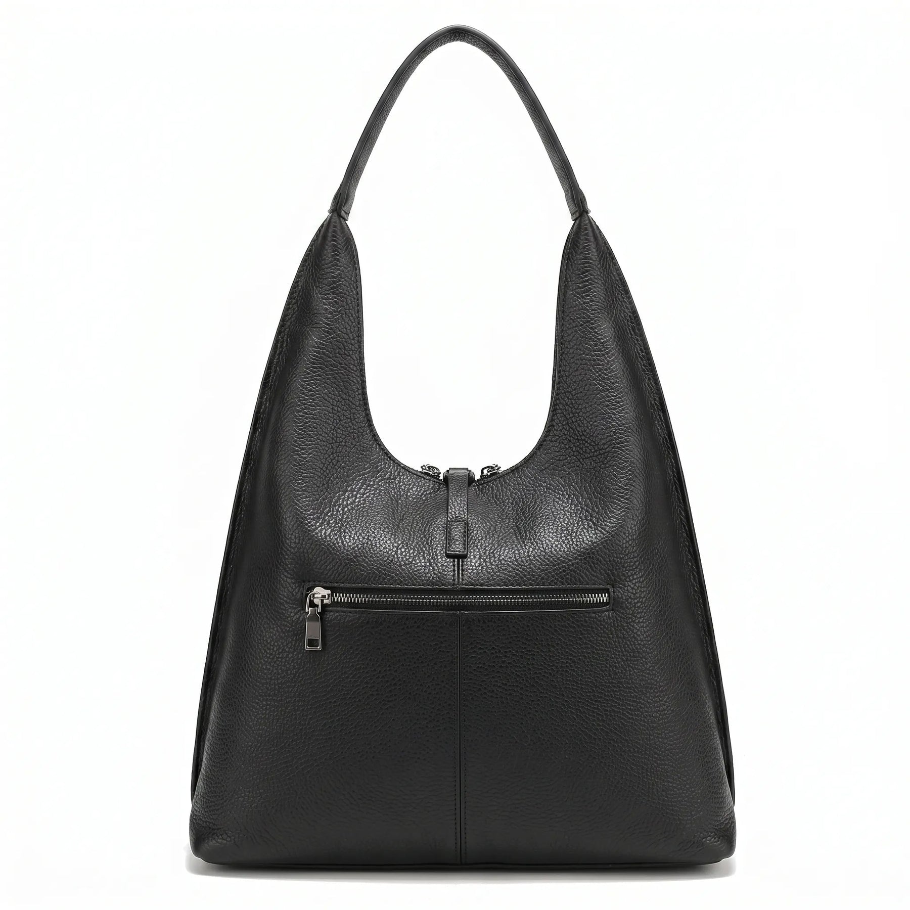 Bolsa tote feminina preta em couro legítimo em vista frontal, com formato amplo, alça e zíper visíveis