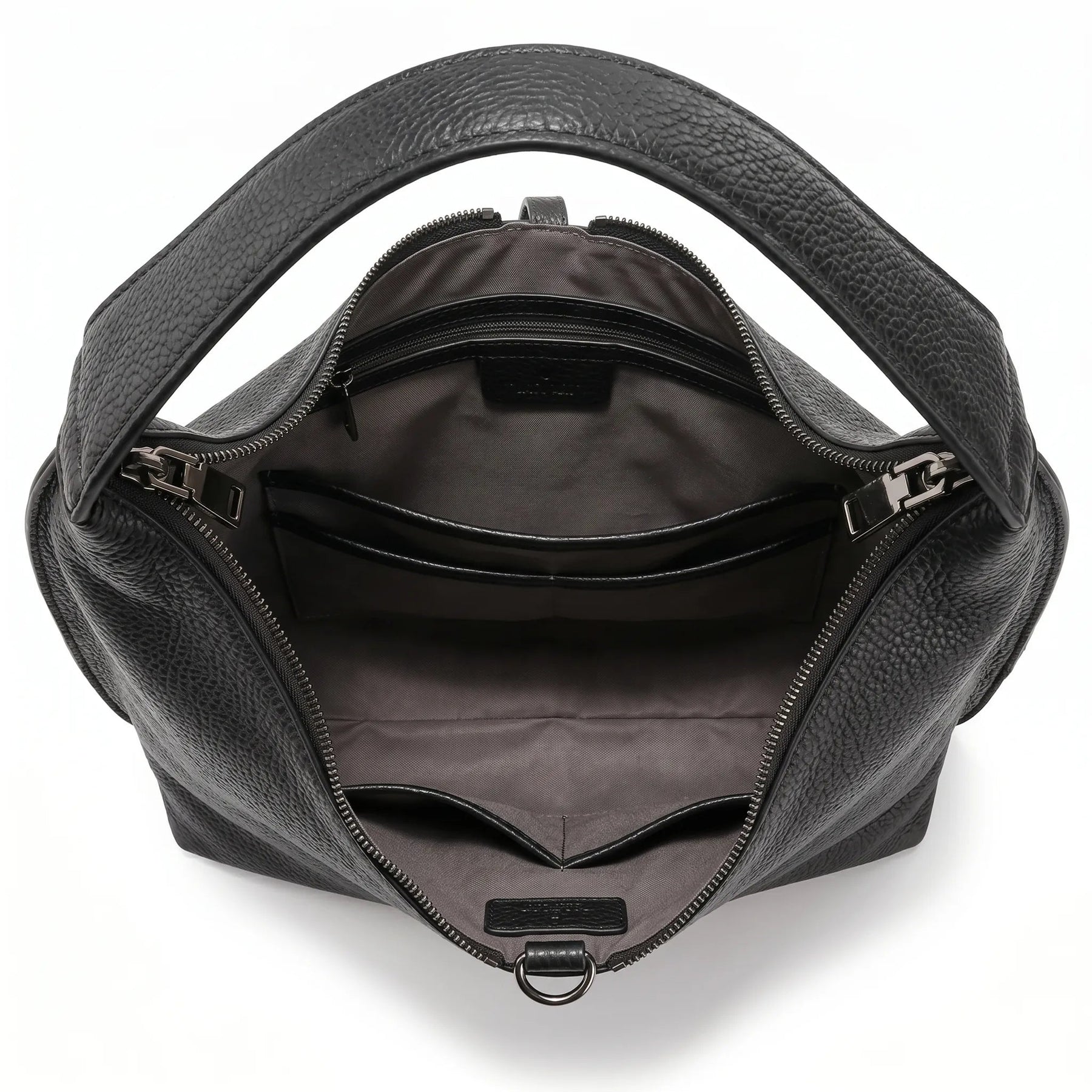 Bolsa tote feminina preta em couro legítimo com forro, zíper e compartimentos internos visíveis