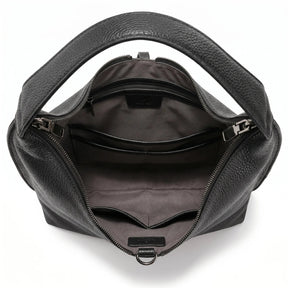 Bolsa tote feminina preta em couro legítimo com forro, zíper e compartimentos internos visíveis