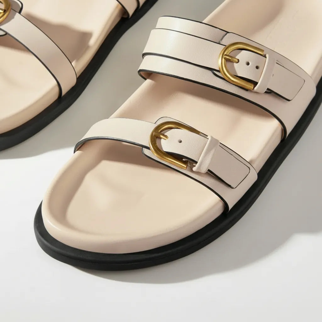 Papete branca com dupla fivela dourada em close mostrando as fivelas.