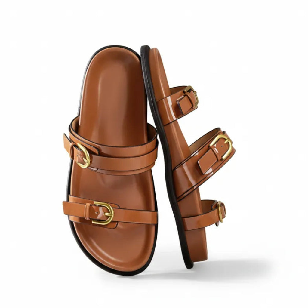 Papete marrom com dupla fivela dourada vista de cima mostrando o par.