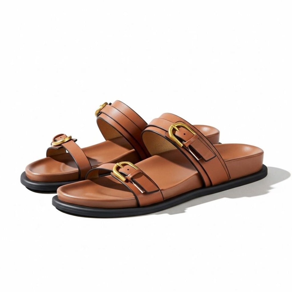 Papete marrom com fivela metálica em angulo superior mostrando o par.