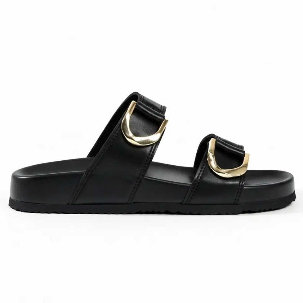 Papete preta casual com fivelas douradas vista de lado.