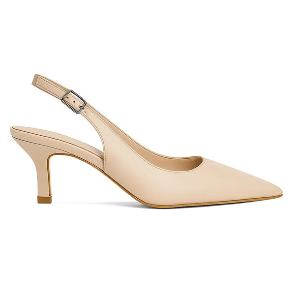 Scarpin damasco slingback bico fino em vista lateral, com bico e perfil do salto ou solado visíveis, sobre fundo claro