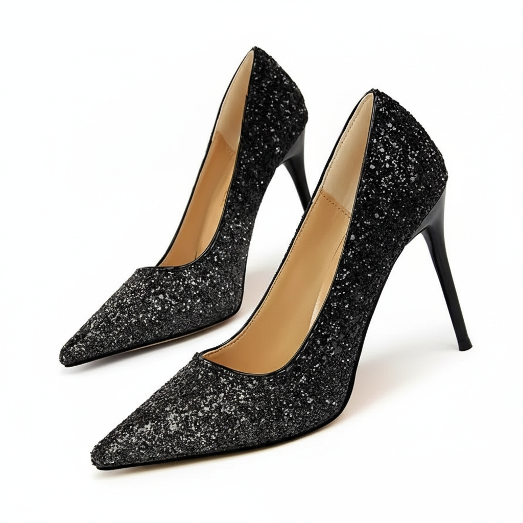 Scarpin preto salto alto com glitter em ângulo três-quartos, mostrando o par, o bico e o perfil lateral