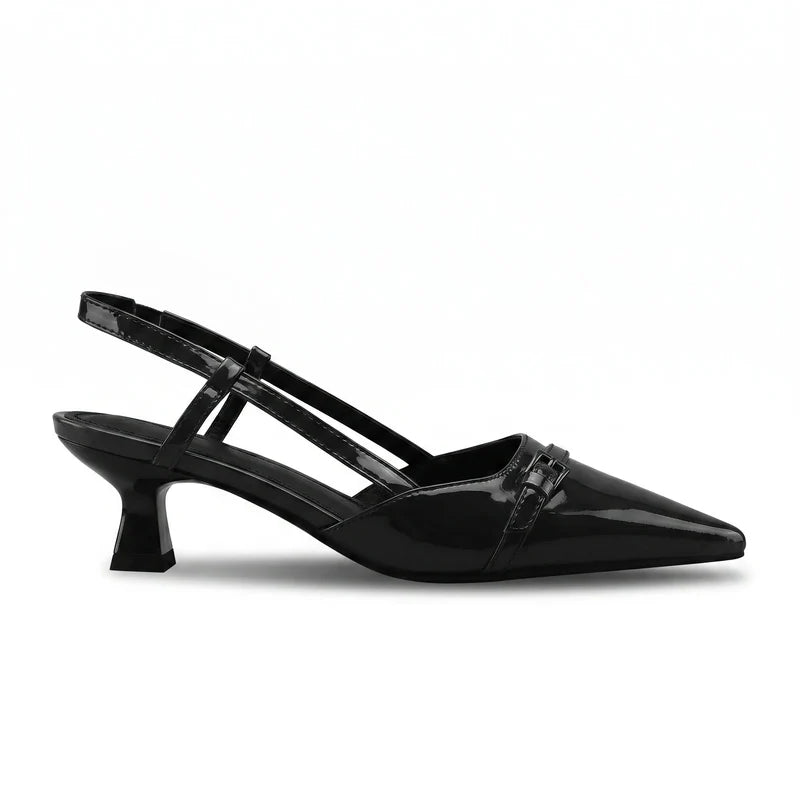 Scarpin Slingback Salto Baixo Verniz Preto | Rozze