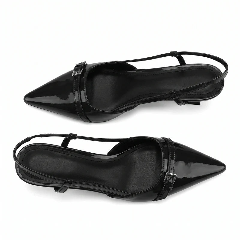 Scarpin Slingback Salto Baixo Verniz Preto | Rozze