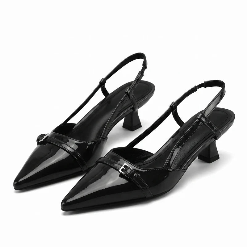 Scarpin Slingback Salto Baixo Verniz Preto | Rozze