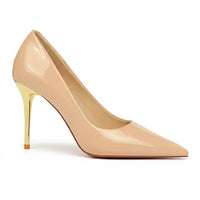 Scarpin Verniz Nude Salto Alto Dourado | Rozze