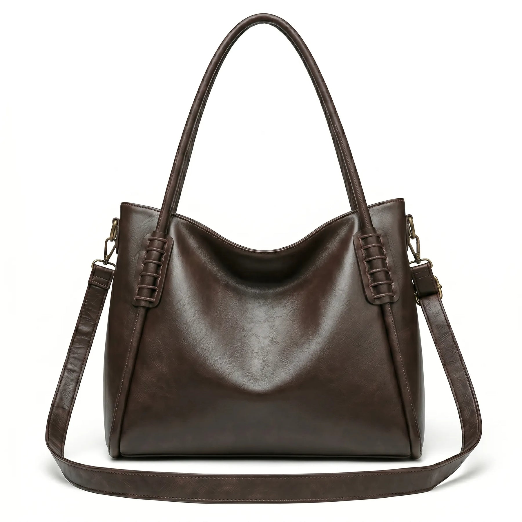 Bolsa hobo vintage marrom café em vista frontal, com formato, alça e ferragens visíveis, com acabamento uniforme